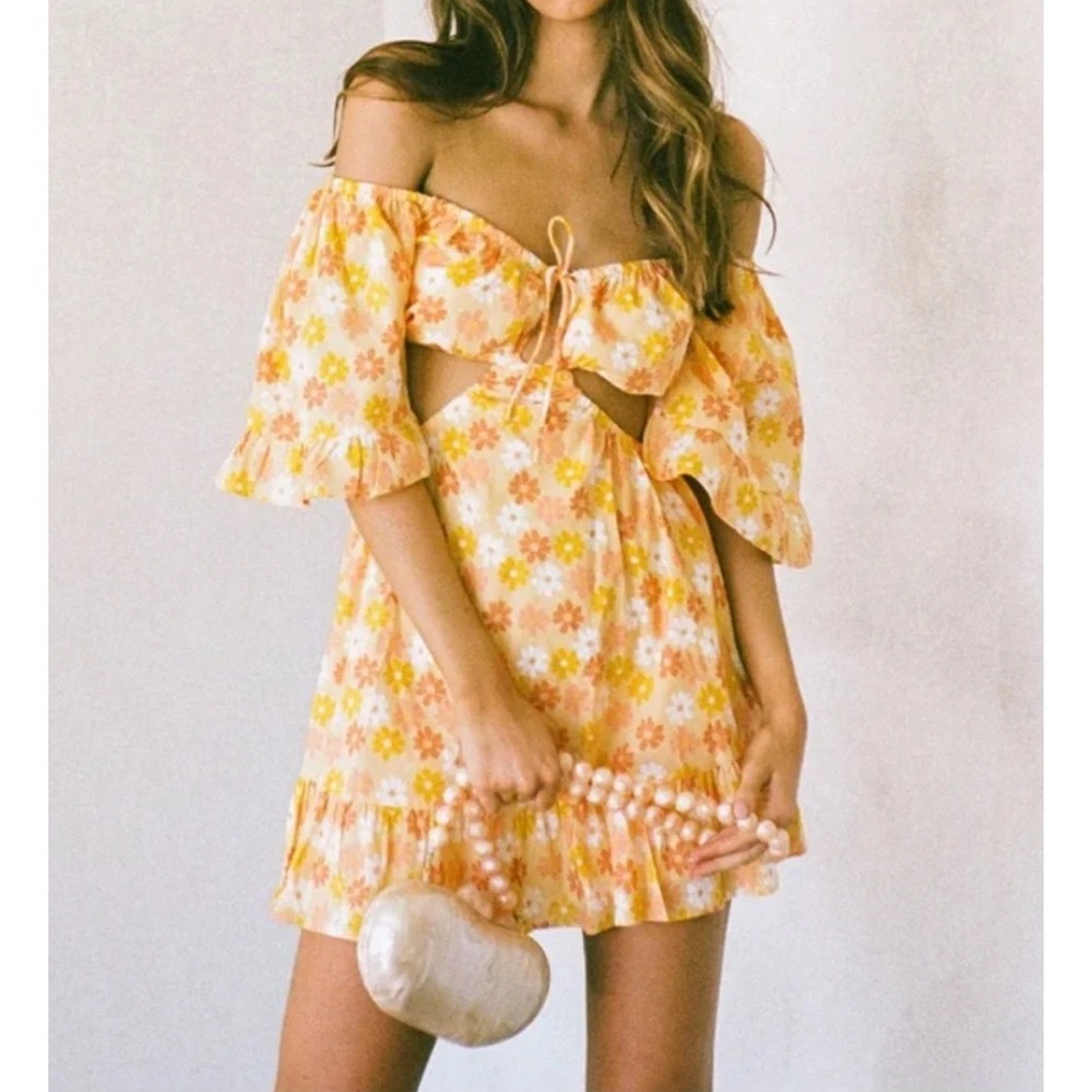 Sabo Skirt Mini Dress Women XS Orange Floral Cutout Ruffle Hem Flutter Sleeve
